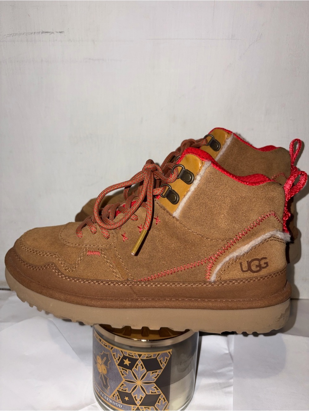 UGG women Chestnut Suede Lace-Up Boot with Red Accents